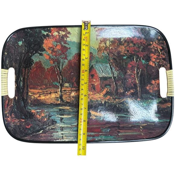 Vintage Mid Century Serving Tray Village Scene Handles Retro Kitchen Decor Japan - Picture 5 of 7